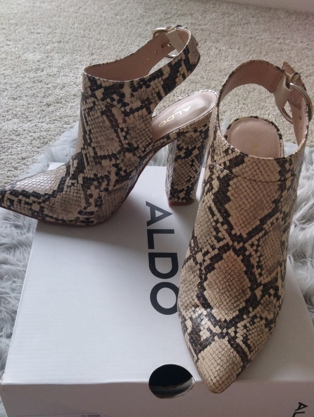 ALDO Women's Snake-Print Pointed Block Heel Slingback - Beige & Black
